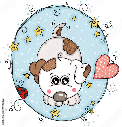 Round blue background with white dog
