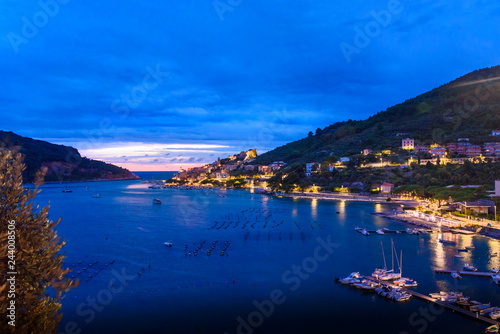View of Portovenere or Porto Venere town on Ligurian coast at night. Italy