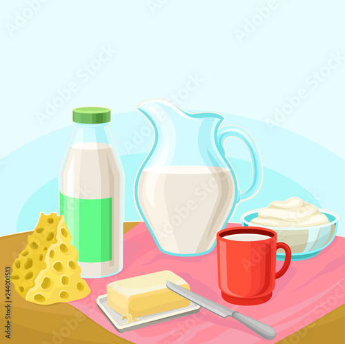 Dairy products, rural landscape with cow vector illustration, design element for poster or banner with ribbon and space for your text