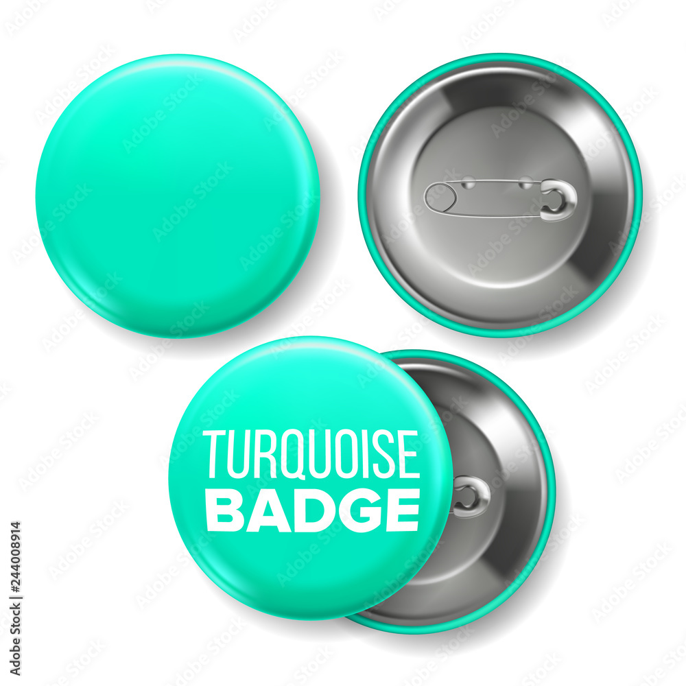 Turquoise Badge Mockup Vector. Pin Brooch Turquoise Button Blank. Two Sides. Front, Back View. Branding Design 3D Realistic Illustration Turquoise Badge Mockup Vector. Pin Brooch Turquoise Button Blank. Two Sides. Front, Back View. Branding Design 3D Realistic Illustration