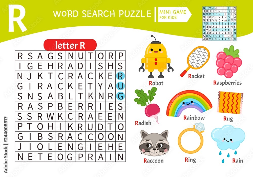 Words puzzle children educational game Learning vocabulary Letter R