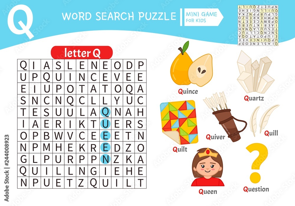 Words puzzle children educational game. Learning vocabulary. Letter Q.  Cartoon objects on a letter Q. Stock Vector | Adobe Stock