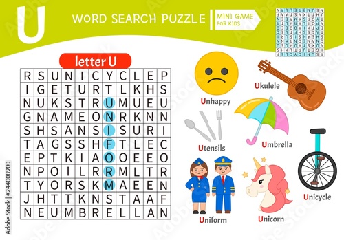 Words puzzle children educational game. Learning vocabulary. Letter U. Cartoon objects on a letter U.