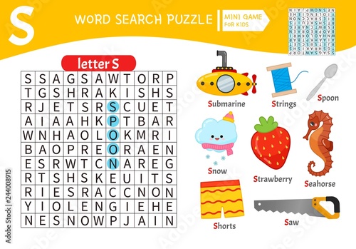 Words puzzle children educational game. Learning vocabulary. Letter S. Cartoon objects on a letter S.