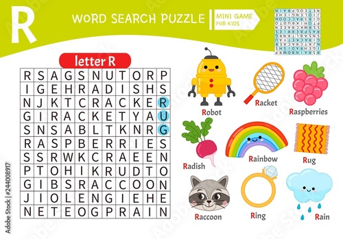 Words puzzle children educational game. Learning vocabulary. Letter R. Cartoon objects on a letter R.