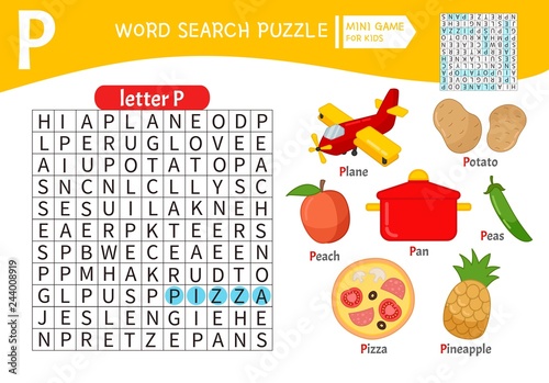 Words puzzle children educational game. Learning vocabulary. Letter P. Cartoon objects on a letter P.