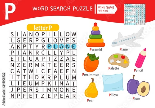 Words puzzle children educational game. Learning vocabulary. Letter P. Cartoon objects on a letter P.