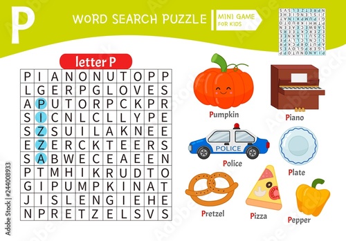 Words puzzle children educational game. Learning vocabulary. Letter P. Cartoon objects on a letter P.