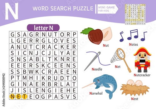 Words puzzle children educational game. Learning vocabulary. Letter N. Cartoon objects on a letter N.