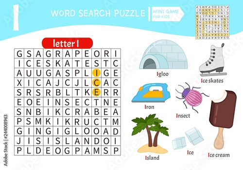 Words puzzle children educational game. Learning vocabulary. Letter I. Cartoon objects on a letter I.