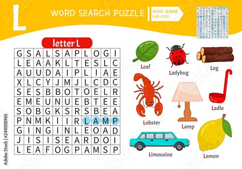 Words puzzle children educational game. Learning vocabulary. Letter L. Cartoon objects on a letter L.