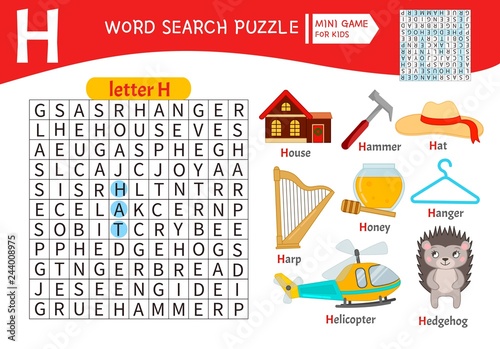 Words puzzle children educational game. Learning vocabulary. Letter H. Cartoon objects on a letter H.