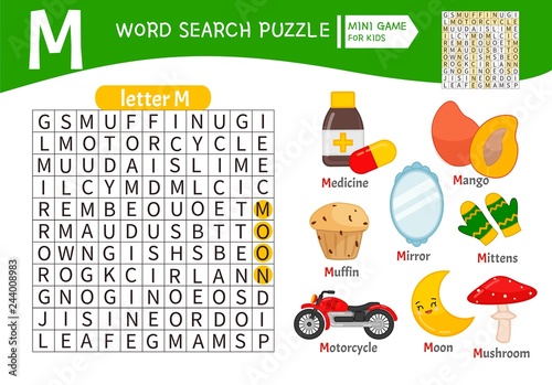 Words puzzle children educational game. Learning vocabulary. Letter M. Cartoon objects on a letter M.