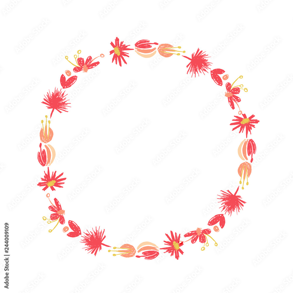 Hand drawn tropical flower composition, botanical circle wreath, duotone style. illustration isolated on white background. Floral jungle paradise, exotic plant leaf border Hand drawn tropical flower composition, botanical circle wreath, duotone style. illustration isolated on white background. Floral jungle paradise, exotic plant leaf border