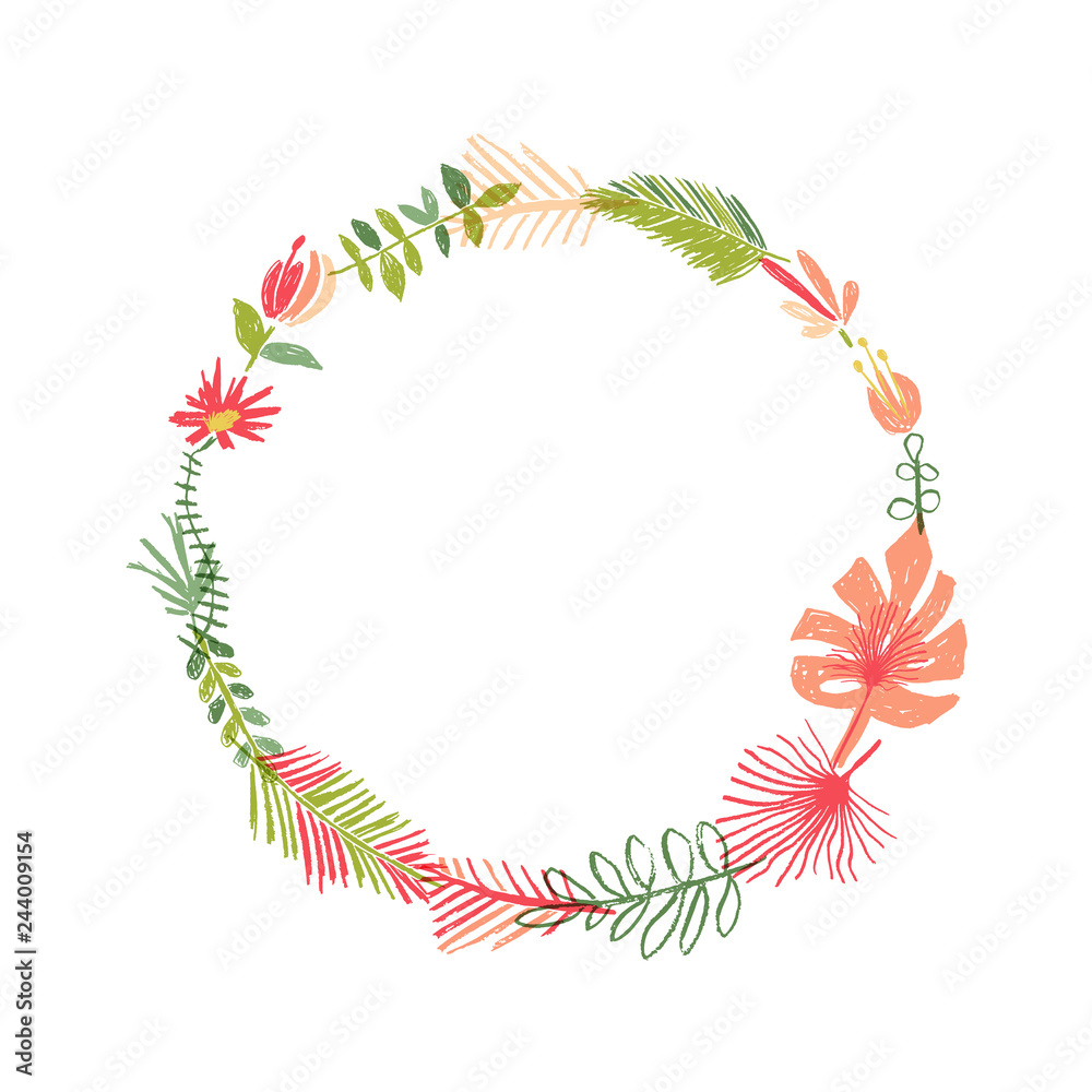 Hand drawn tropical flower composition, tropic wreath. illustration isolated on white background. Floral paradise, exotic plant leaf border