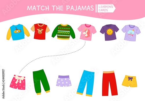 Matching children educational game. Match parts of pajamas. Activity for pre sсhool years kids and toddlers. 
