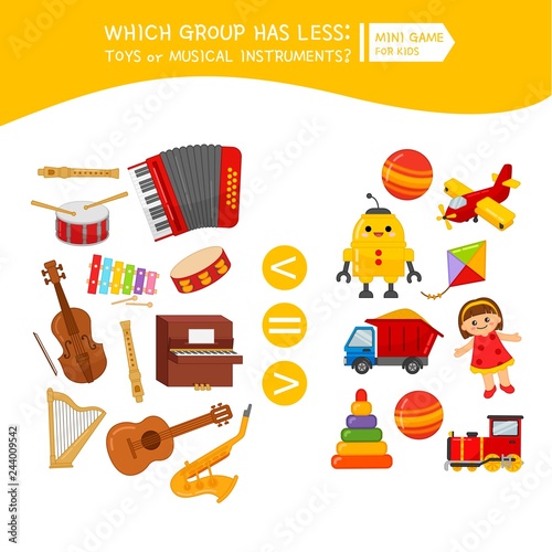 Counting educational children game, math kids activity sheet. Cartoon cartoon musical instruments and toys.
