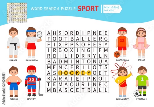 Words puzzle children educational game. Learning vocabulary. Sports.