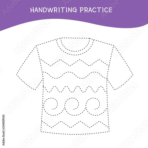 Handwriting practice sheet. Basic writing. Educational game for children.  Cartoon t-shirt.