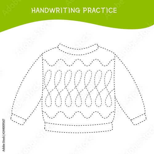 Handwriting practice sheet. Basic writing. Educational game for children.  Cartoon sweater.
