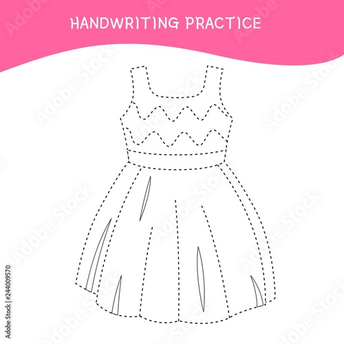 Handwriting practice sheet. Basic writing. Educational game for children.  Cartoon dress