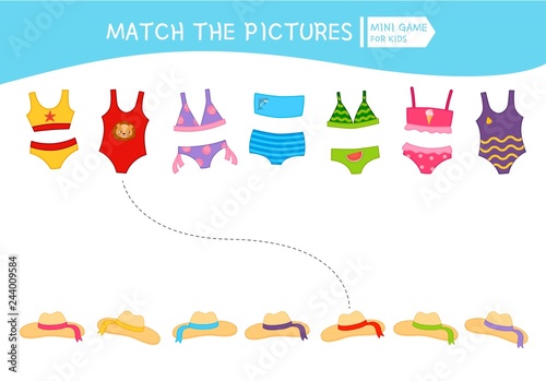 Matching children educational game. Match swimwear and hats. Activity for pre sсhool years kids and toddlers.
