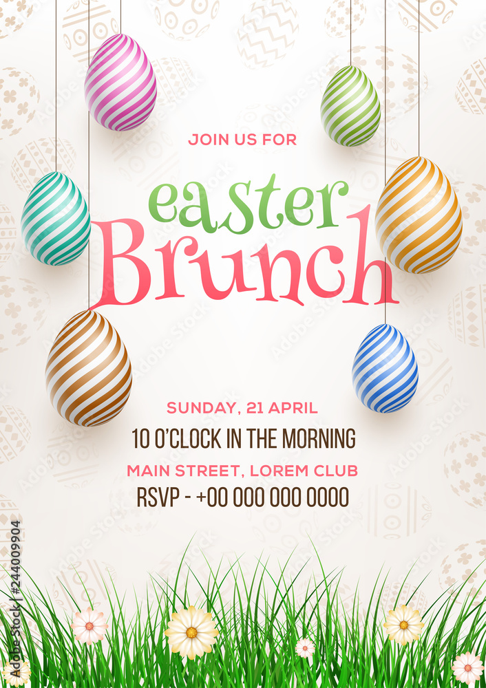 Fototapeta premium Easter Brunch invitation card design, illustration of colourful easter eggs with time, date and venue details.