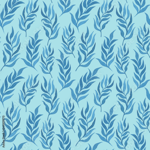 Fantasy blue leaves seamless pattern. Watercolor hand drawn painting illustration. Background can be easily change for another color