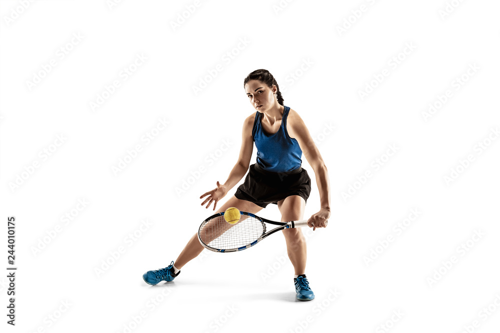 Full length portrait of young woman playing tennis isolated on white background. Healthy lifestyle. The practicing, fitness, sport, exercise concept. The female model in motion or movement Full length portrait of young woman playing tennis isolated on white background. Healthy lifestyle. The practicing, fitness, sport, exercise concept. The female model in motion or movement