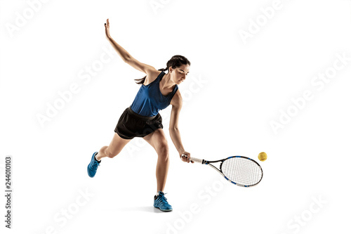 Full length portrait of young woman playing tennis isolated on white background. Healthy lifestyle. The practicing, fitness, sport, exercise concept. The female model in motion or movement