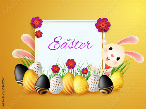 Happy Easter banner or poster design with illustration of cute rabbit, easter eggs and flowers on shiny yellow background.