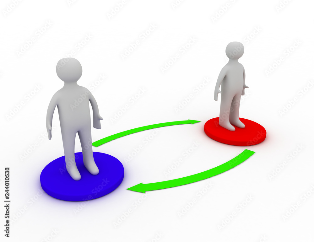 Two 3d people standing on different bases are connected with arrows Two 3d people standing on different bases are connected with arrows