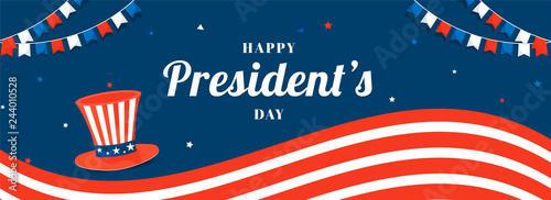Happy President's Day header or banner design with illustration of uncle sam hat in USA flag color.