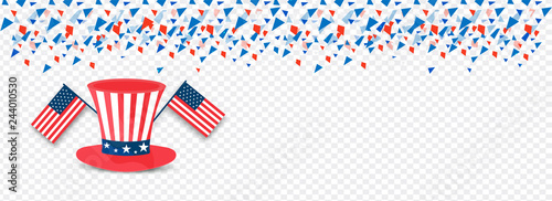 Vector illustration of uncle sam hat and USA national flags on transparent background decorated with confetti.