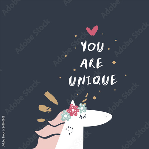 Vector baby unicorn face art with hand drawn lettering