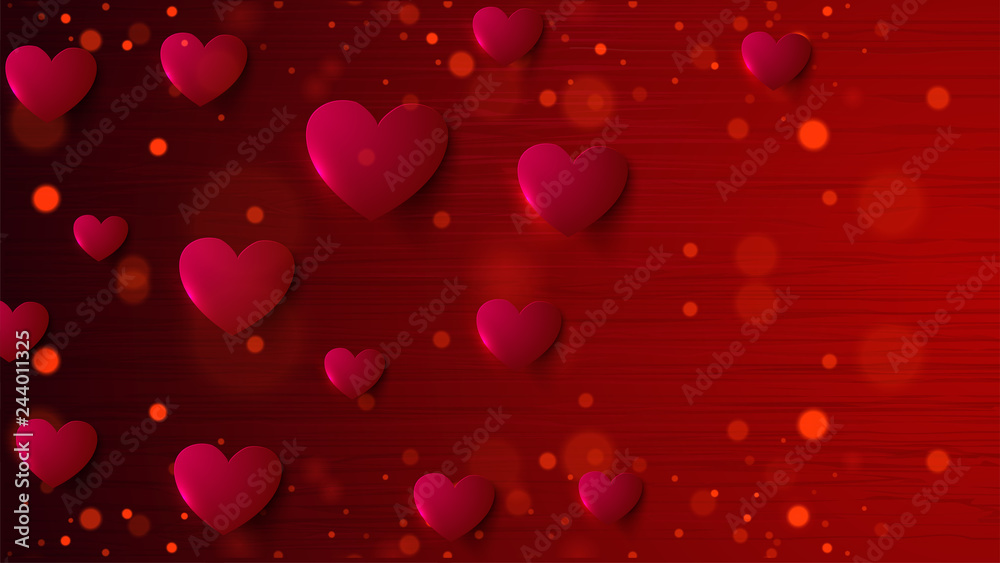 Paper heart shapes decorated red bokeh background for Valentines Day celebration concept.