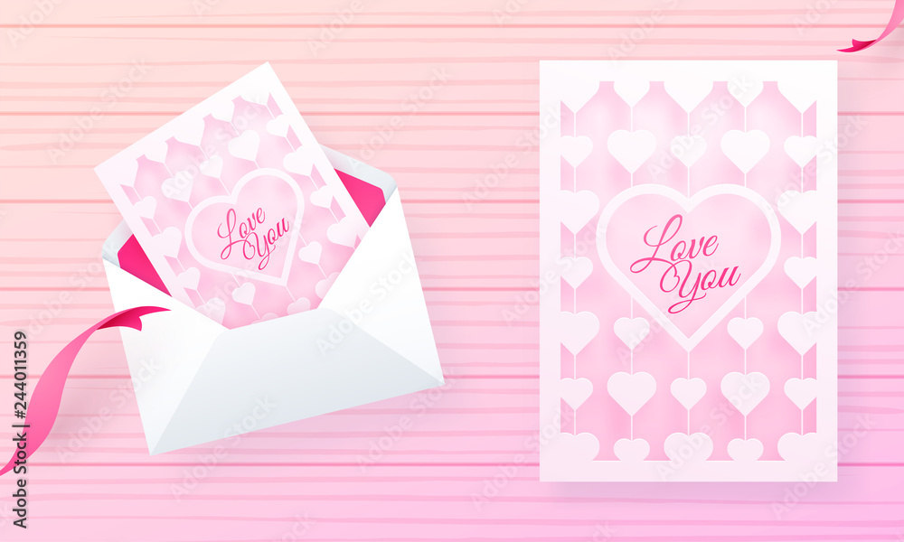 Paper cut style love you greeting card design pink stripe background for Valentine's Day celebration. Paper cut style love you greeting card design pink stripe background for Valentine's Day celebration.