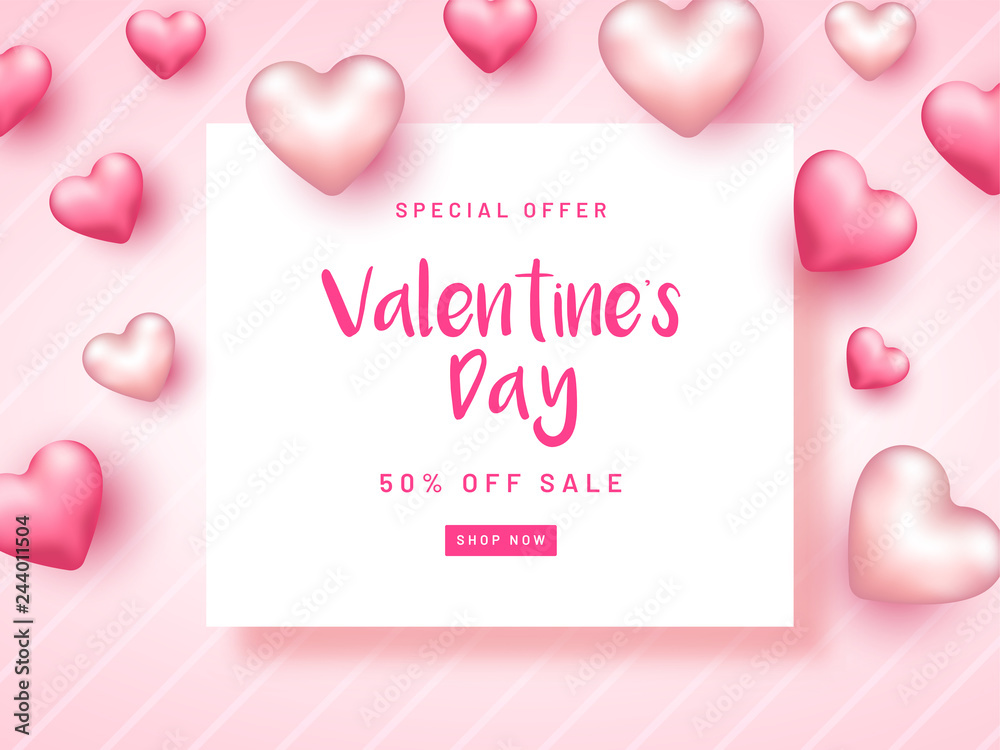 Valentine's Day sale template or poster design with 50% discount offer and decorated with glossy heart shapes.