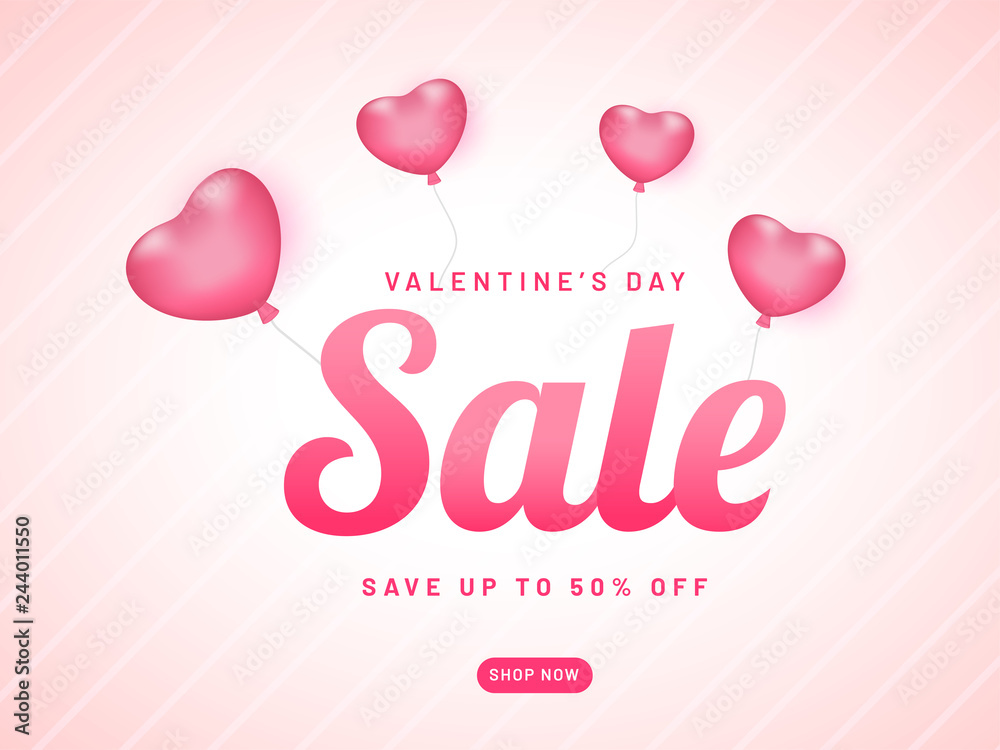 Advertising banner or poster design with 50% discount offer for Valentine's Day sale.