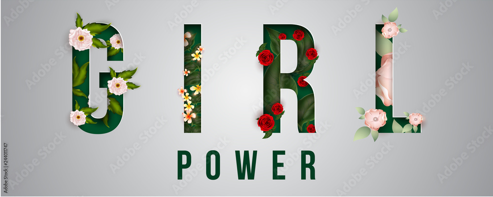 © Abdul Qaiyoom - Typography of Girl Power decorated with flowers on glossy grey background for Women's Day celebration concept.