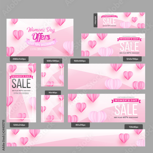 Creative social media banner or poster set decorated with paper heart shape and different discount offer for Happy Women's Day celebration concept.