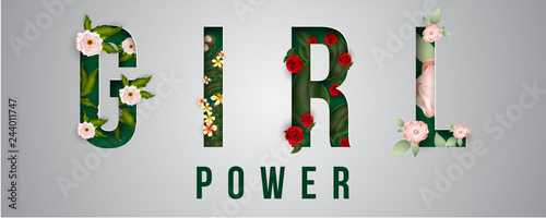 Typography of Girl Power decorated with flowers on glossy grey background for Women's Day celebration concept.