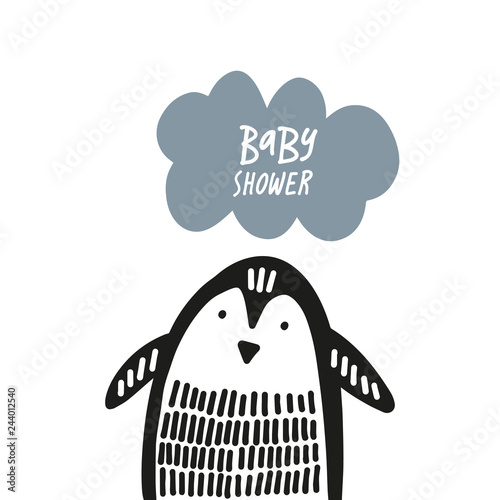 Cute nursery hand drawn little penguin, baby animal print