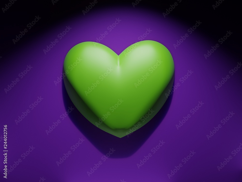 3d Illustration of a green heart over a purple  background