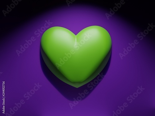 3d Illustration of a green heart over a purple  background