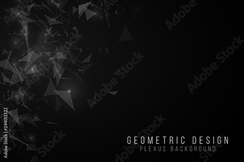 Geometric abstract background. Modern futuristic geometric design. Flying white triangles in the dark. Glowing lights. Glowing connected triangles. Vector illustration