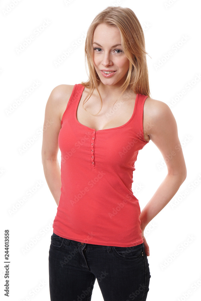 cool young woman wearing jeans and red tanktop cool young woman wearing jeans and red tanktop