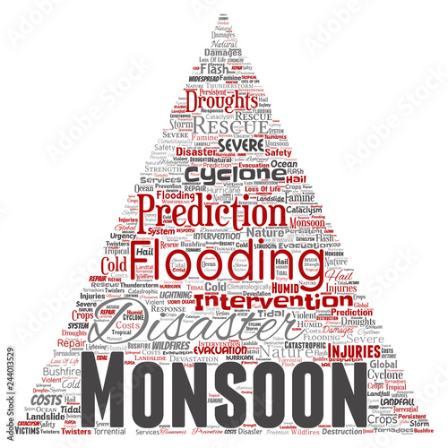 Vector conceptual monsoon dangerous weather triangle arrow meteorology word cloud isolated background. Collage of tropical dramatic storm force, strong wind blowing, rain hail thunderstorm concept