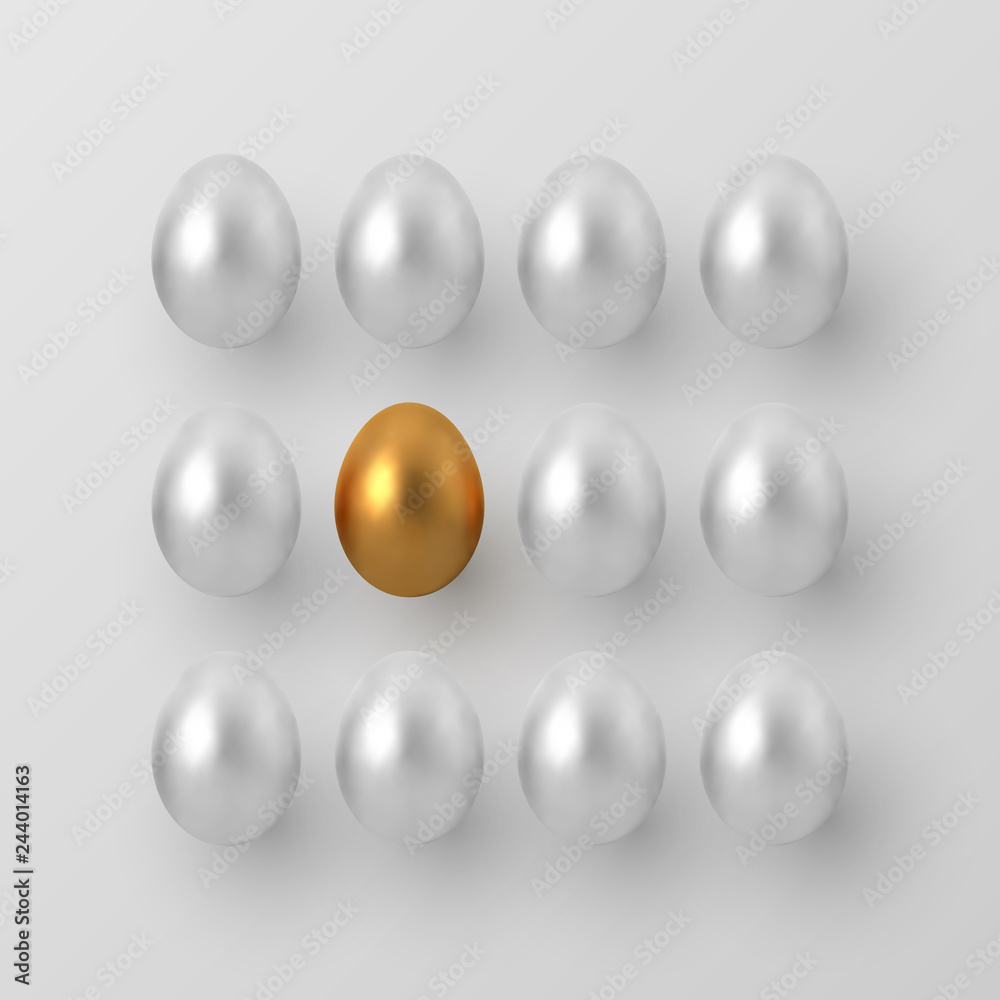 Decorative Easter concept. 3d metallic golden and white eggs on white background. Vector illustration. Decorative Easter concept. 3d metallic golden and white eggs on white background. Vector illustration.