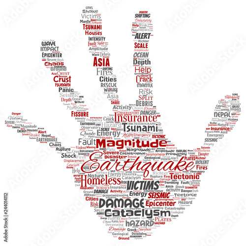 Vector conceptual earthquake activity hand print stamp word cloud isolated background. Collage of natural seismic tectonic crust tremble, violent tsunami waves risk, tectonic plates shifting concept